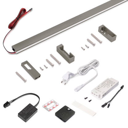 Emuca Kit barra per armadio Luxe, striscia LED 4,5x8 Neonlynx V, sensore di movimento RF Smart e convertitore Smart (24V DC), lunghezza 1.150mm, Luce Bianco calda 2.700K, Tecnoplastica e Alluminio, Titanio