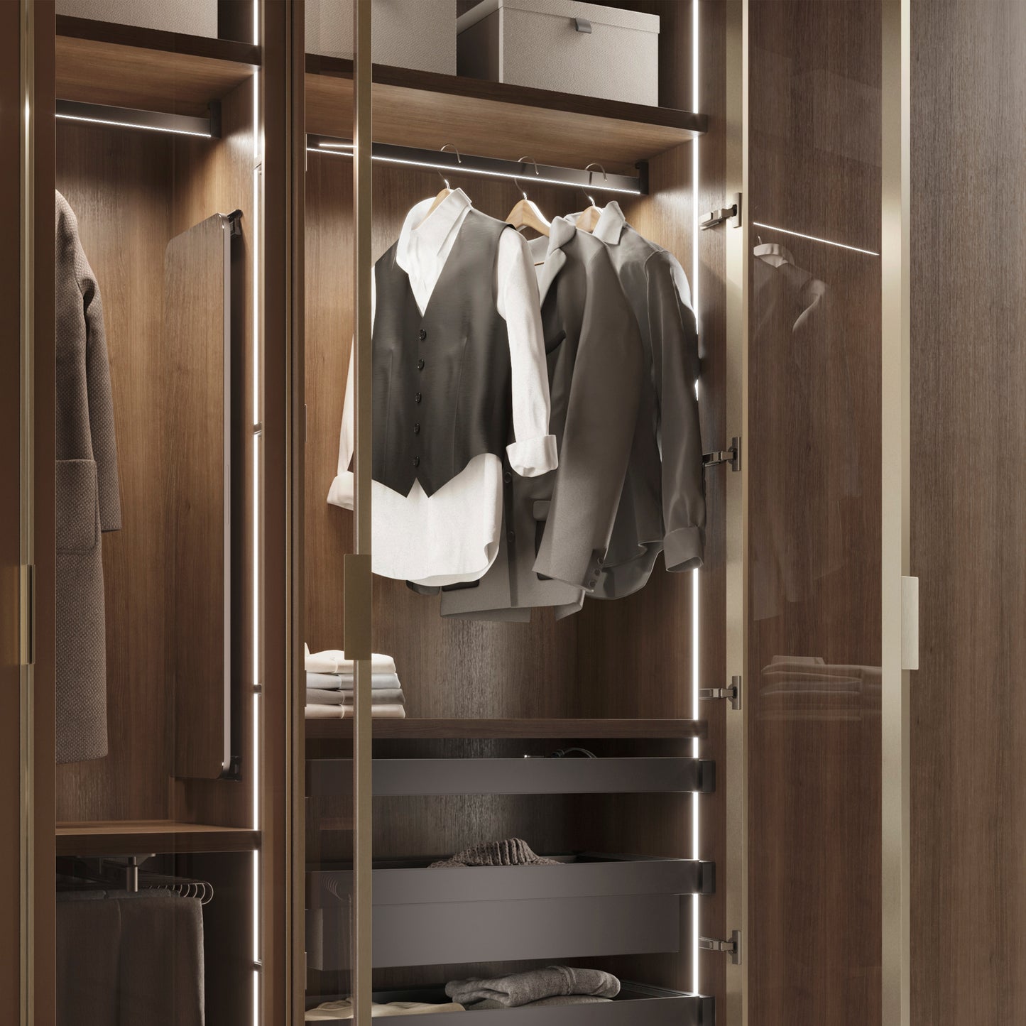 Emuca Kit barra per armadio Luxe, striscia LED 4,5x8 Neonlynx V, sensore di movimento RF Smart e convertitore Smart (24V DC), lunghezza 1.150mm, Luce Bianco calda 2.700K, Tecnoplastica e Alluminio, Nero testurizzato