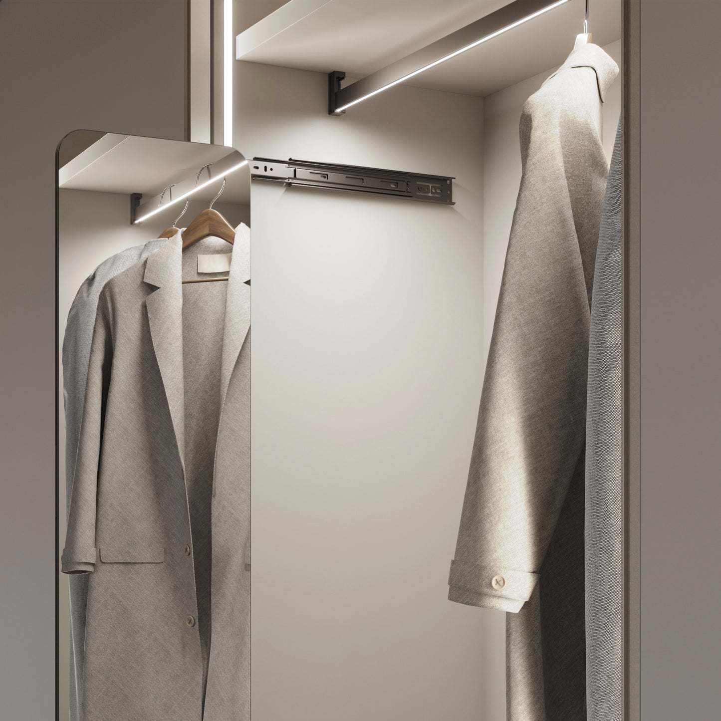 Emuca Kit barra per armadio Luxe, striscia LED 4,5x8 Neonlynx V, sensore di movimento RF Smart e convertitore Smart (24V DC), lunghezza 1.150mm, Luce Bianco calda 2.700K, Tecnoplastica e Alluminio, Nero testurizzato