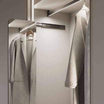 Emuca Kit barra per armadio Luxe, striscia LED 4,5x8 Neonlynx V, sensore di movimento RF Smart e convertitore Smart (24V DC), lunghezza 1.150mm, Luce Bianco calda 2.700K, Tecnoplastica e Alluminio, Nero testurizzato