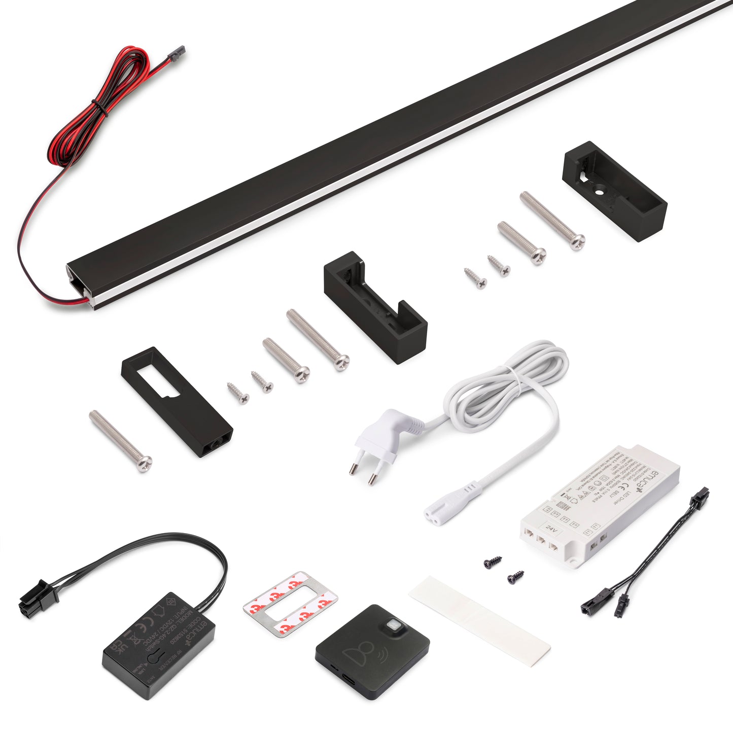 Emuca Kit barra per armadio Luxe, striscia LED 4,5x8 Neonlynx V, sensore di movimento RF Smart e convertitore Smart (24V DC), lunghezza 1.150mm, Luce Bianco calda 2.700K, Tecnoplastica e Alluminio, Nero testurizzato