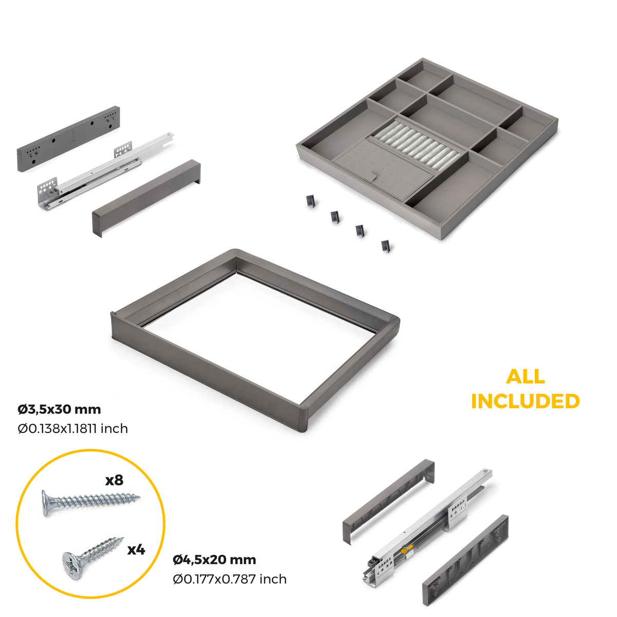 Kit cassetto organizzatore e telaio regolabile Quartz per armadi, chiusura ammortizzata e estrazione totale