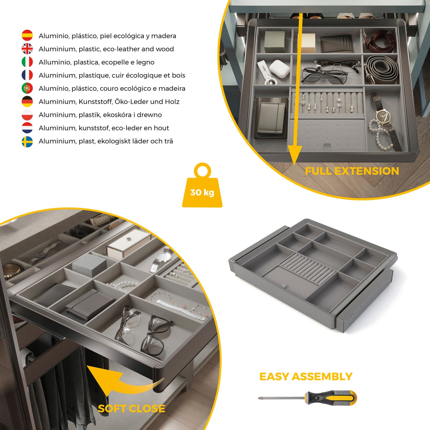 Emuca Kit cassetto organizzatore e telaio regolabile Quartz per armadi, chiusura ammortizzata e estrazione totale, modulo da 60 cm, finitura titanio