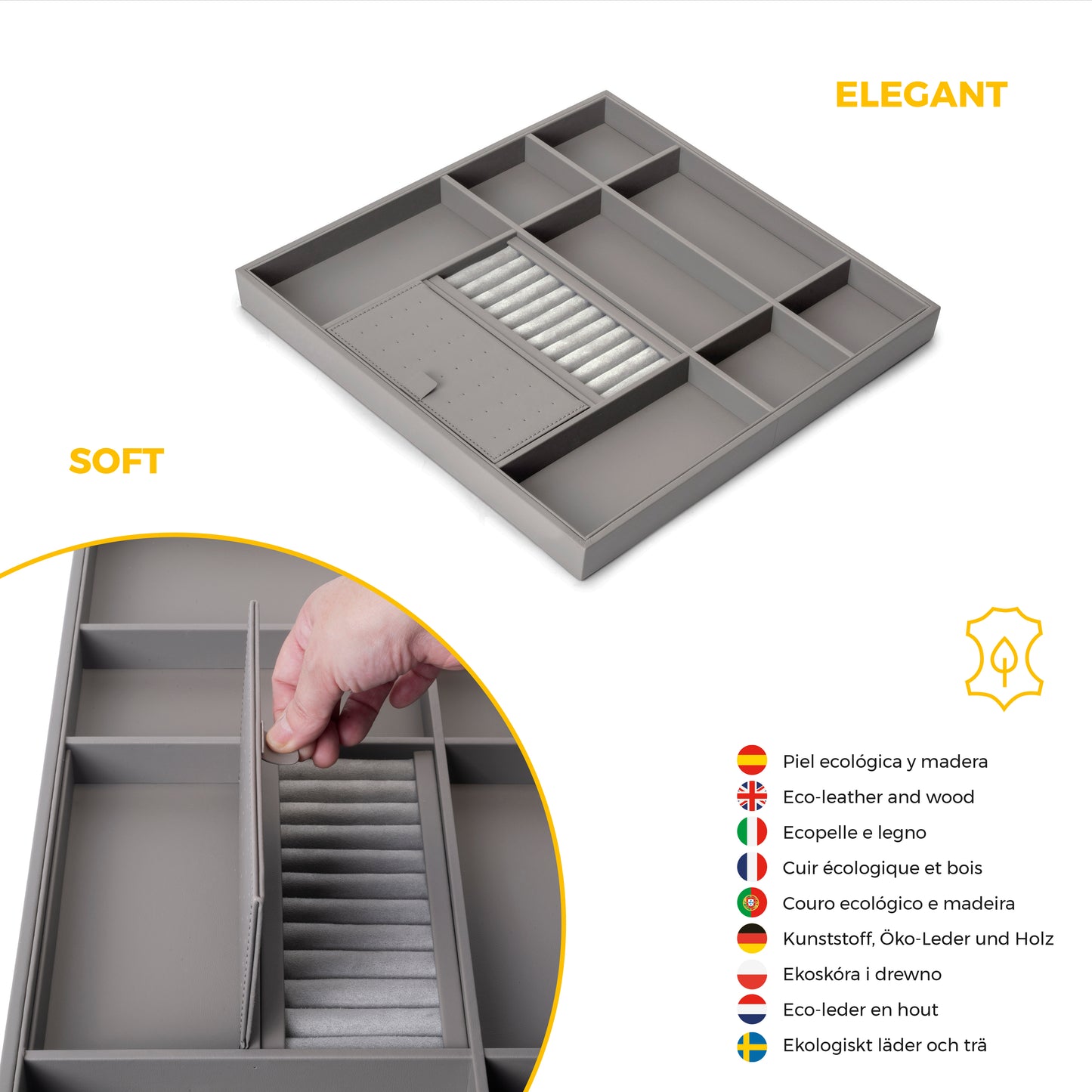 Emuca Kit cassetto organizzatore e telaio regolabile Quartz per armadi, chiusura ammortizzata e estrazione totale, modulo da 60 cm, finitura titanio