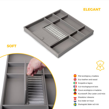 Emuca Kit cassetto organizzatore e telaio regolabile Quartz per armadi, chiusura ammortizzata e estrazione totale, modulo da 60 cm, finitura titanio