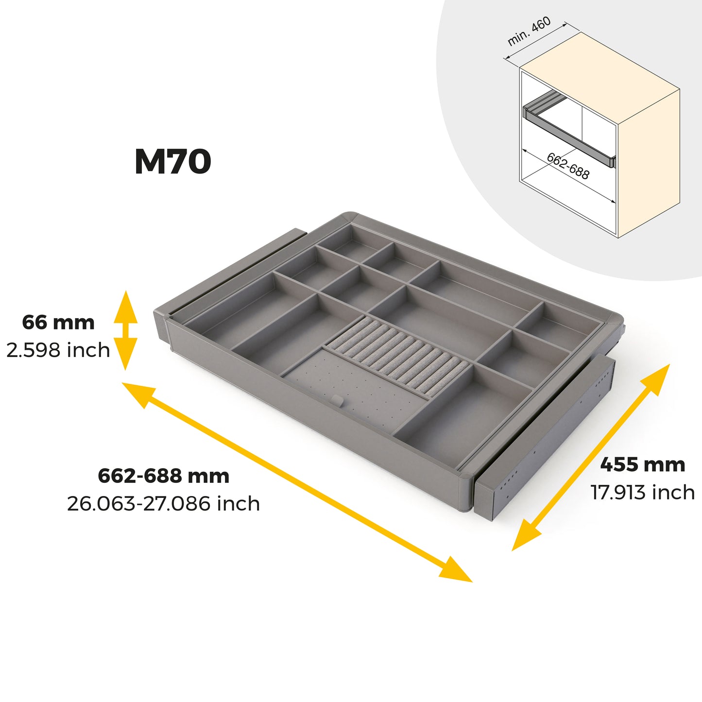 Emuca Kit cassetto organizzatore e telaio regolabile Quartz per armadi, chiusura ammortizzata e estrazione totale, modulo da 70 cm, finitura titanio