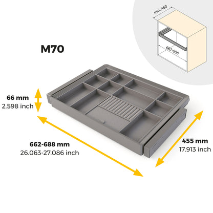 Emuca Kit cassetto organizzatore e telaio regolabile Quartz per armadi, chiusura ammortizzata e estrazione totale, modulo da 70 cm, finitura titanio