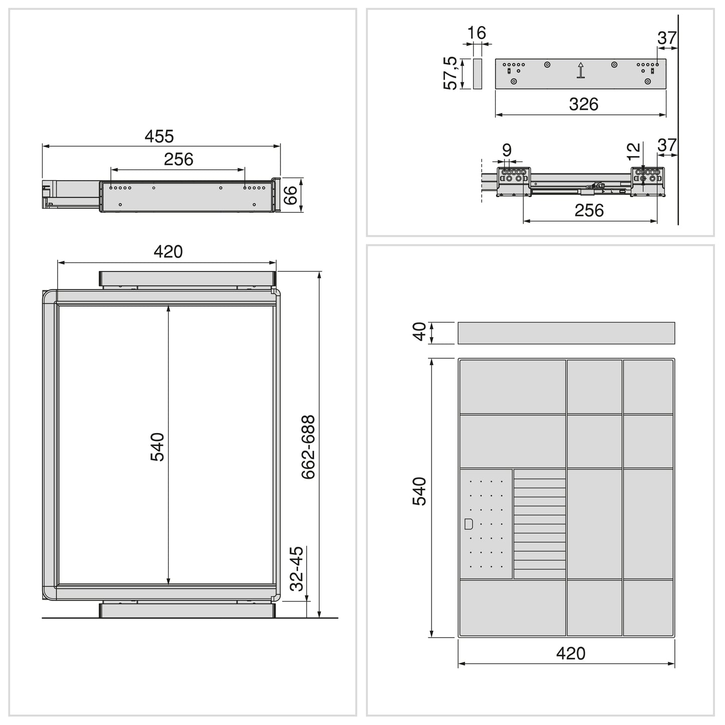 Emuca Kit cassetto organizzatore e telaio regolabile Quartz per armadi, chiusura ammortizzata e estrazione totale, modulo da 70 cm, finitura titanio