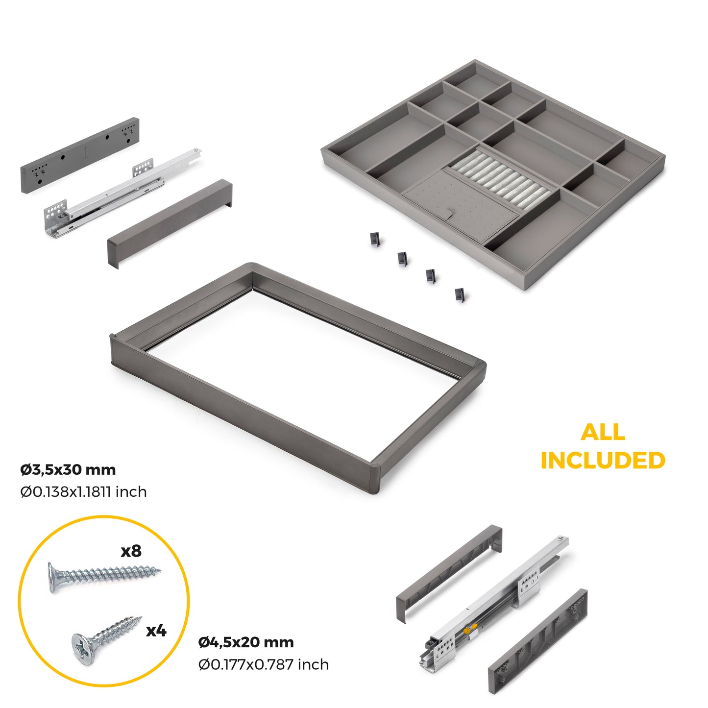 Emuca Kit cassetto organizzatore e telaio regolabile Quartz per armadi, chiusura ammortizzata e estrazione totale, modulo da 70 cm, finitura titanio