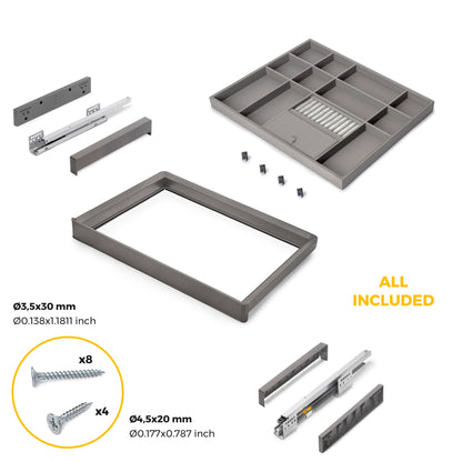 Emuca Kit cassetto organizzatore e telaio regolabile Quartz per armadi, chiusura ammortizzata e estrazione totale, modulo da 70 cm, finitura titanio