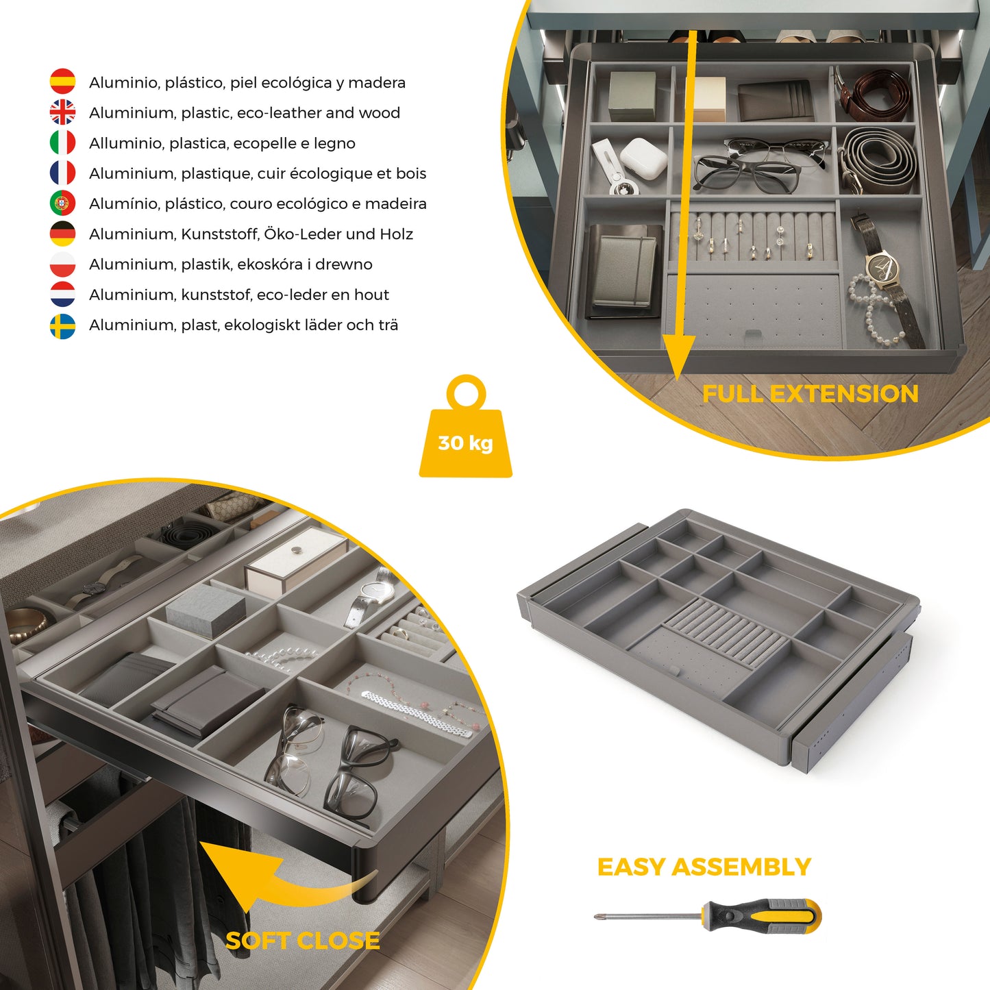 Emuca Kit cassetto organizzatore e telaio regolabile Quartz per armadi, chiusura ammortizzata e estrazione totale, modulo da 70 cm, finitura titanio