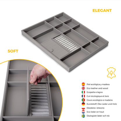 Emuca Kit cassetto organizzatore e telaio regolabile Quartz per armadi, chiusura ammortizzata e estrazione totale, modulo da 70 cm, finitura titanio
