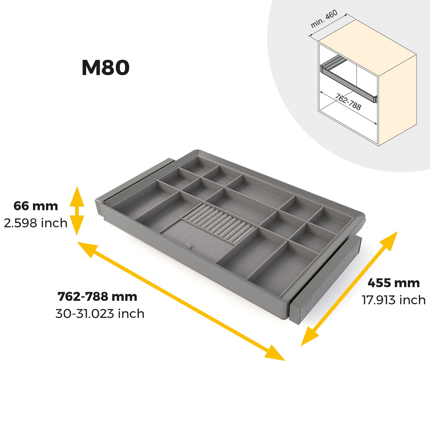 Emuca Kit cassetto organizzatore e telaio regolabile Quartz per armadi, chiusura ammortizzata e estrazione totale, modulo da 80 cm, finitura titanio