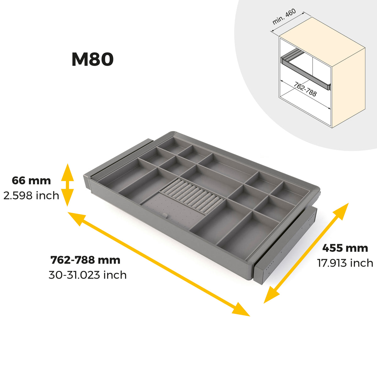 Kit cassetto organizzatore e telaio regolabile Quartz per armadi, chiusura ammortizzata e estrazione totale