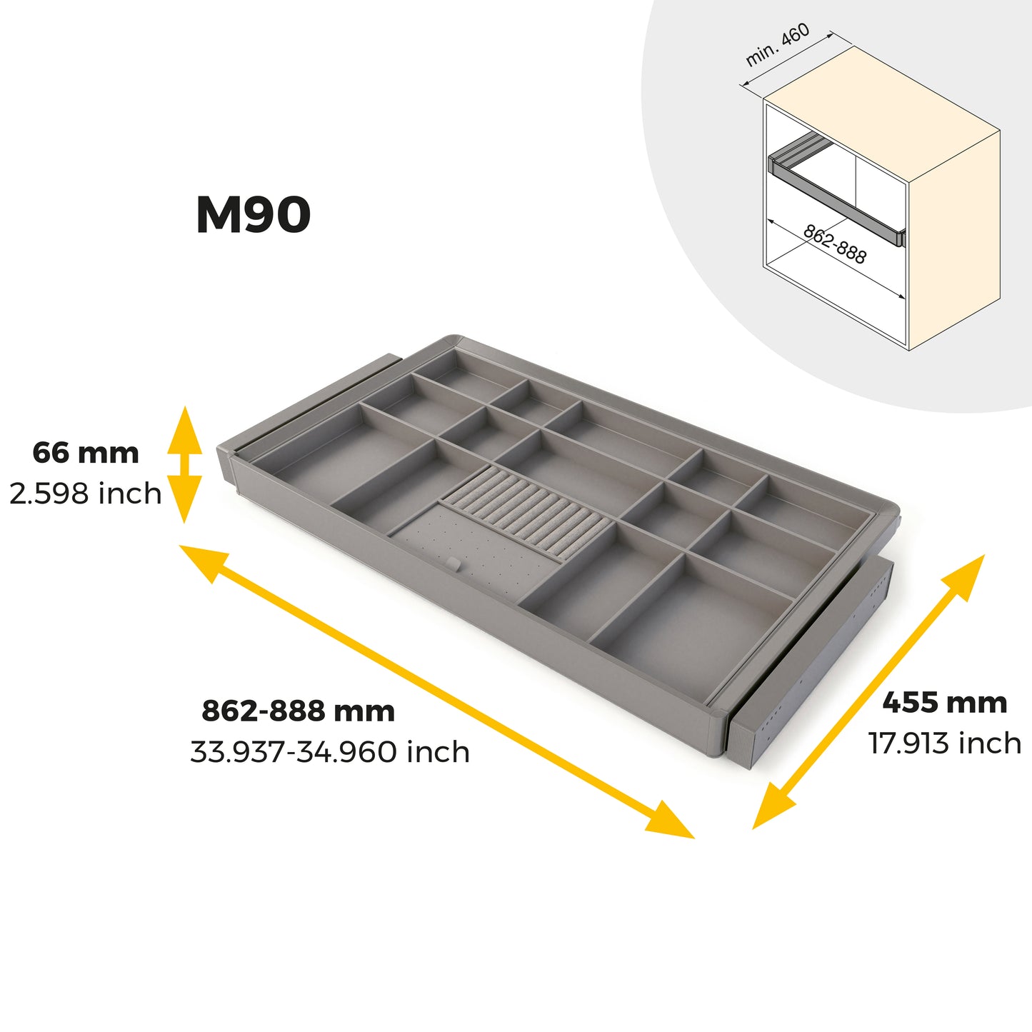 Emuca Kit cassetto organizzatore e telaio regolabile Quartz per armadi, chiusura ammortizzata e estrazione totale, modulo da 90 cm, finitura titanio