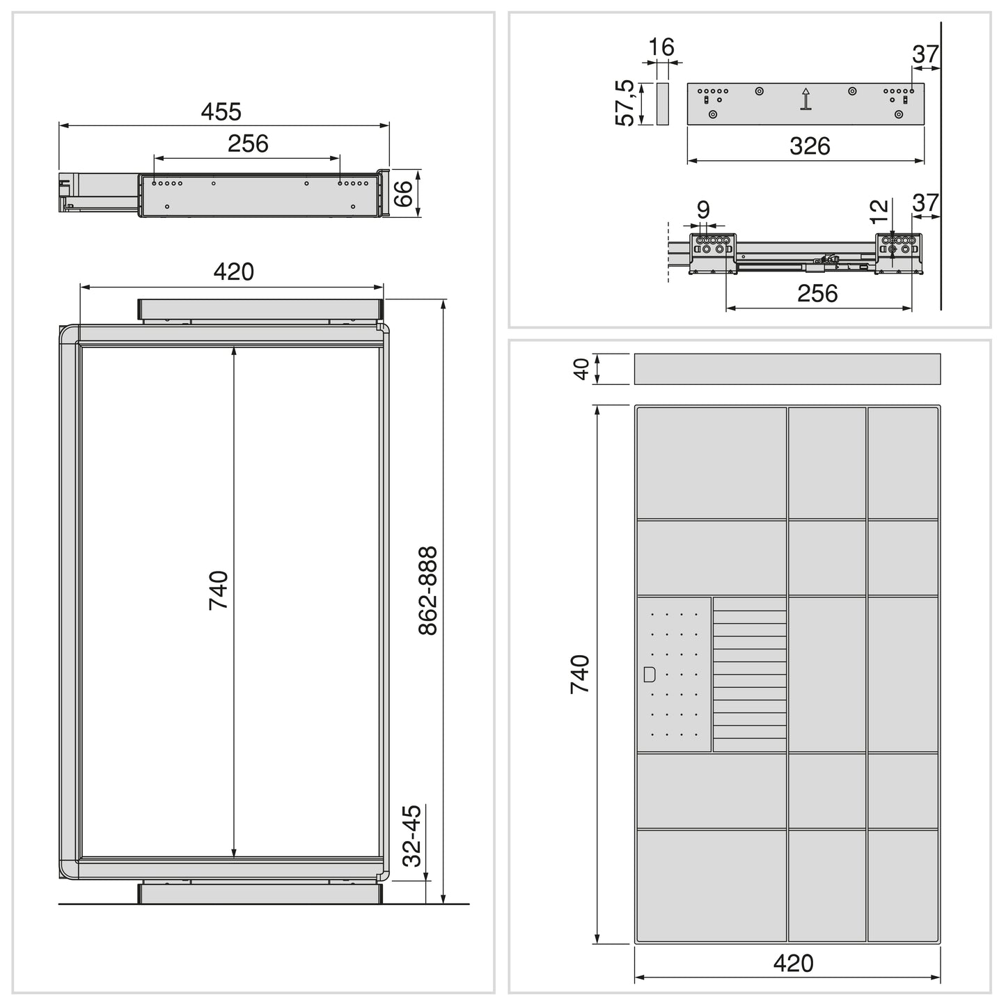Emuca Kit cassetto organizzatore e telaio regolabile Quartz per armadi, chiusura ammortizzata e estrazione totale, modulo da 90 cm, finitura titanio
