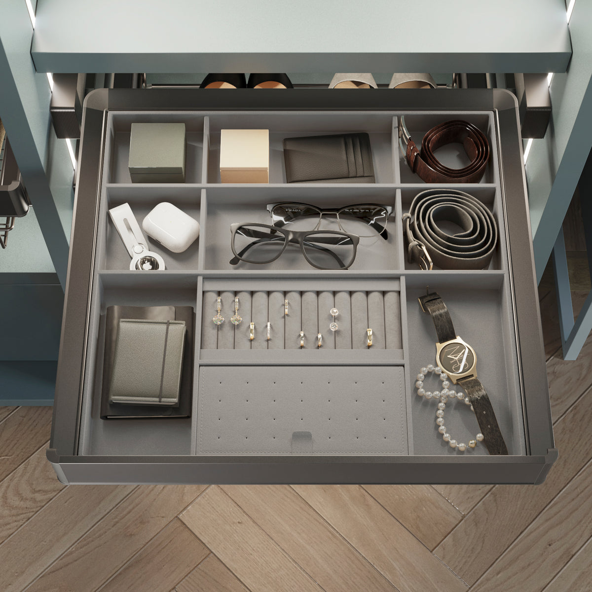 Kit cassetto organizzatore e telaio regolabile Quartz per armadi, chiusura ammortizzata e estrazione totale