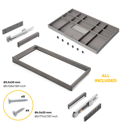 Emuca Kit cassetto organizzatore e telaio regolabile Quartz per armadi, chiusura ammortizzata e estrazione totale, modulo da 90 cm, finitura titanio
