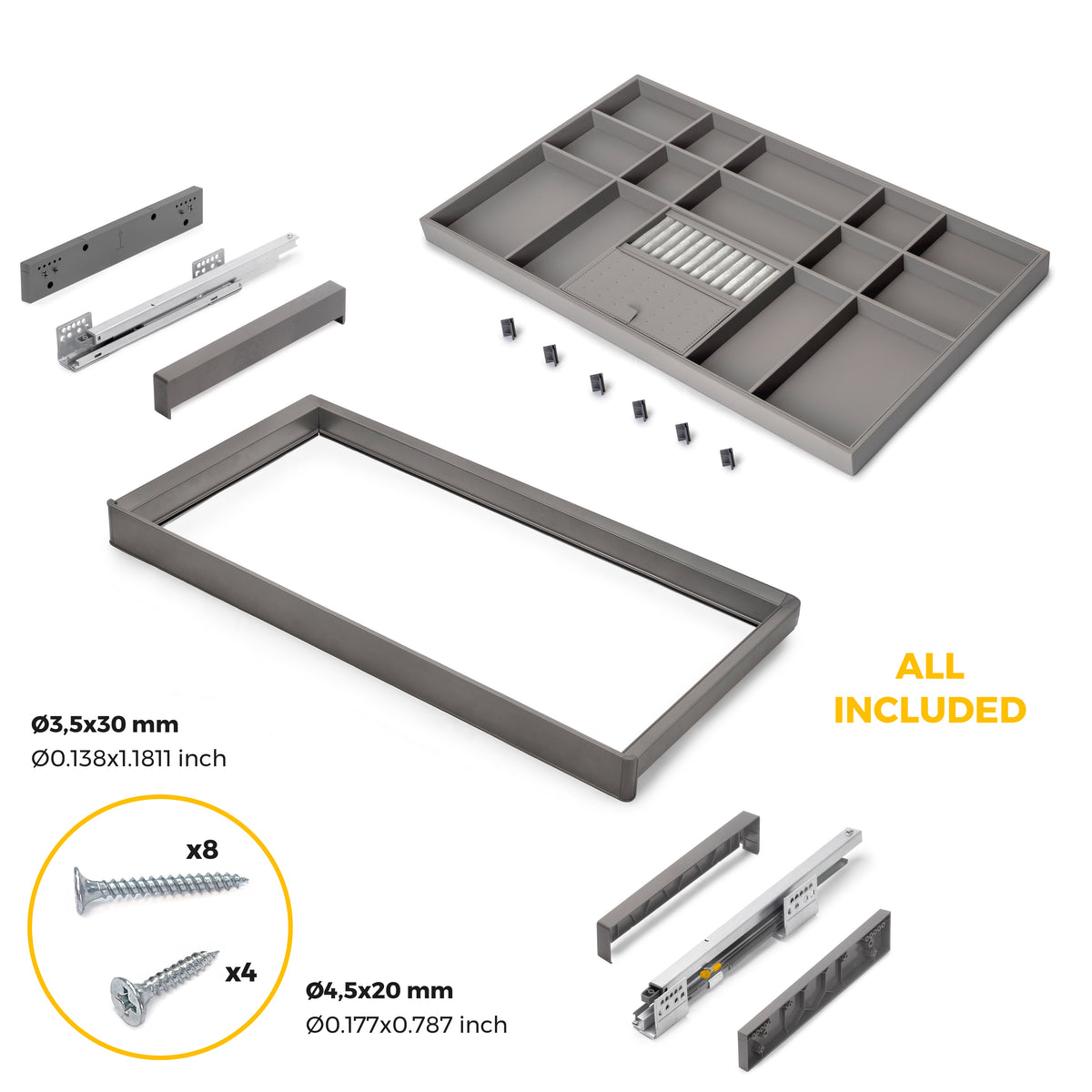 Kit cassetto organizzatore e telaio regolabile Quartz per armadi, chiusura ammortizzata e estrazione totale