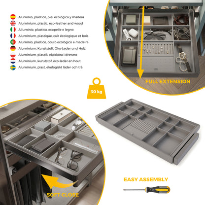 Emuca Kit cassetto organizzatore e telaio regolabile Quartz per armadi, chiusura ammortizzata e estrazione totale, modulo da 90 cm, finitura titanio