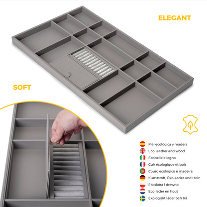 Emuca Kit cassetto organizzatore e telaio regolabile Quartz per armadi, chiusura ammortizzata e estrazione totale, modulo da 90 cm, finitura titanio