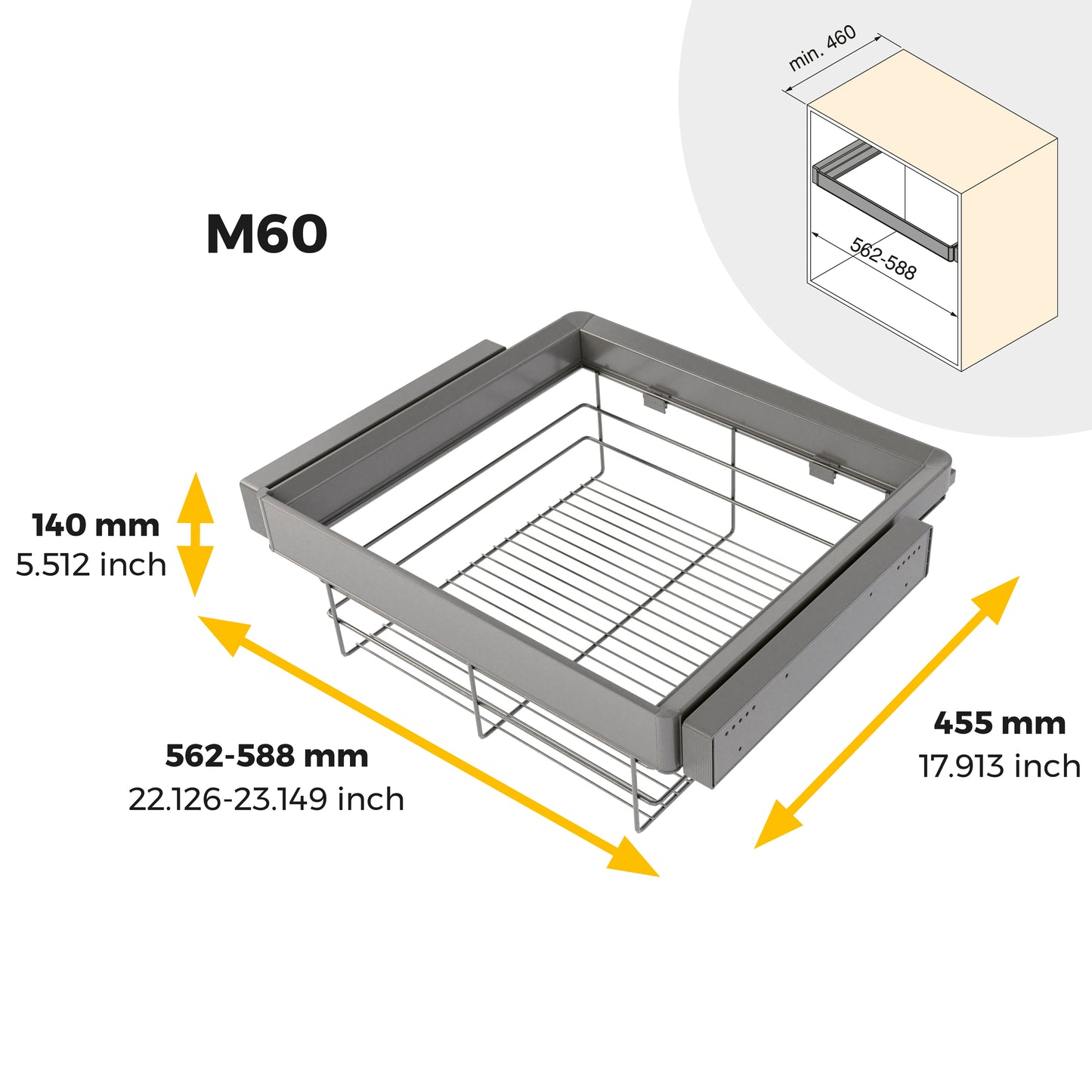 Emuca Kit cassetto in filo metallico e telaio regolabile Quartz per armadi, chiusura ammortizzata e estrazione totale,, modulo da 60 cm, finitura titanio