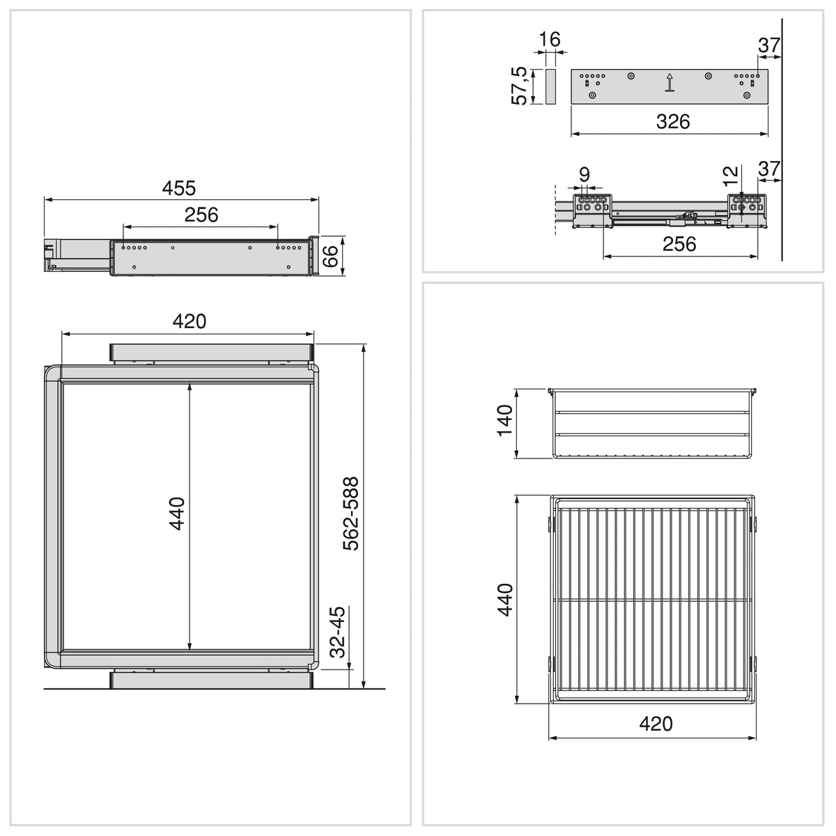 Kit cassetto in filo metallico e telaio regolabile Quartz per armadi, chiusura ammortizzata e estrazione totale