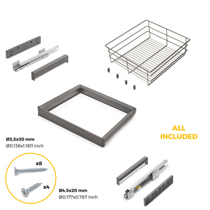 Emuca Kit cassetto in filo metallico e telaio regolabile Quartz per armadi, chiusura ammortizzata e estrazione totale,, modulo da 60 cm, finitura titanio