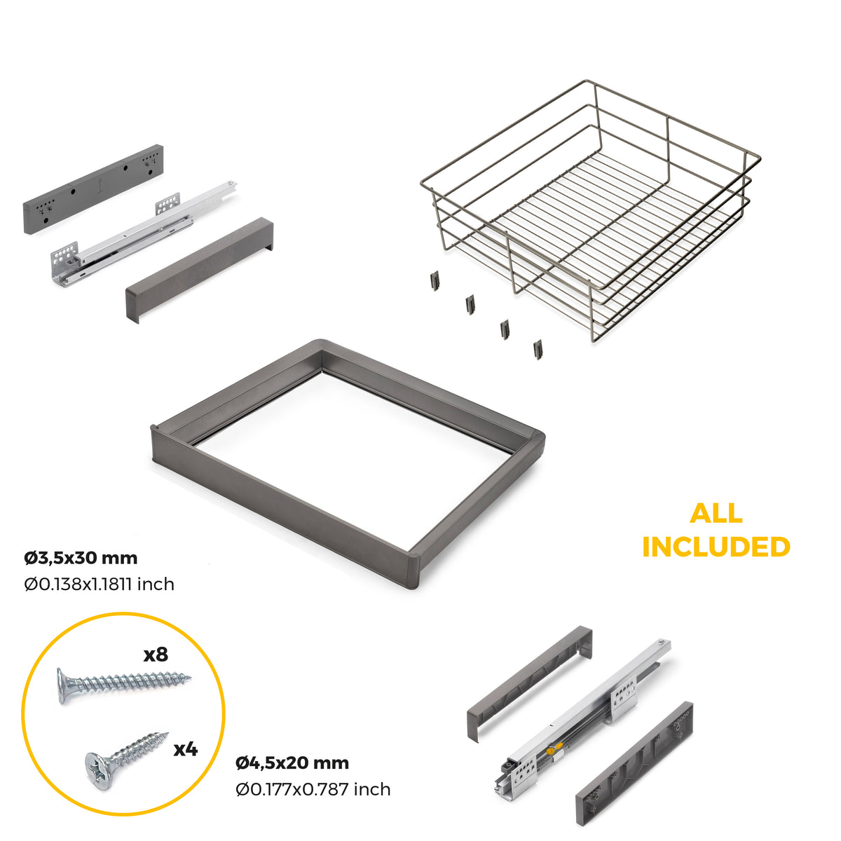 Kit cassetto in filo metallico e telaio regolabile Quartz per armadi, chiusura ammortizzata e estrazione totale