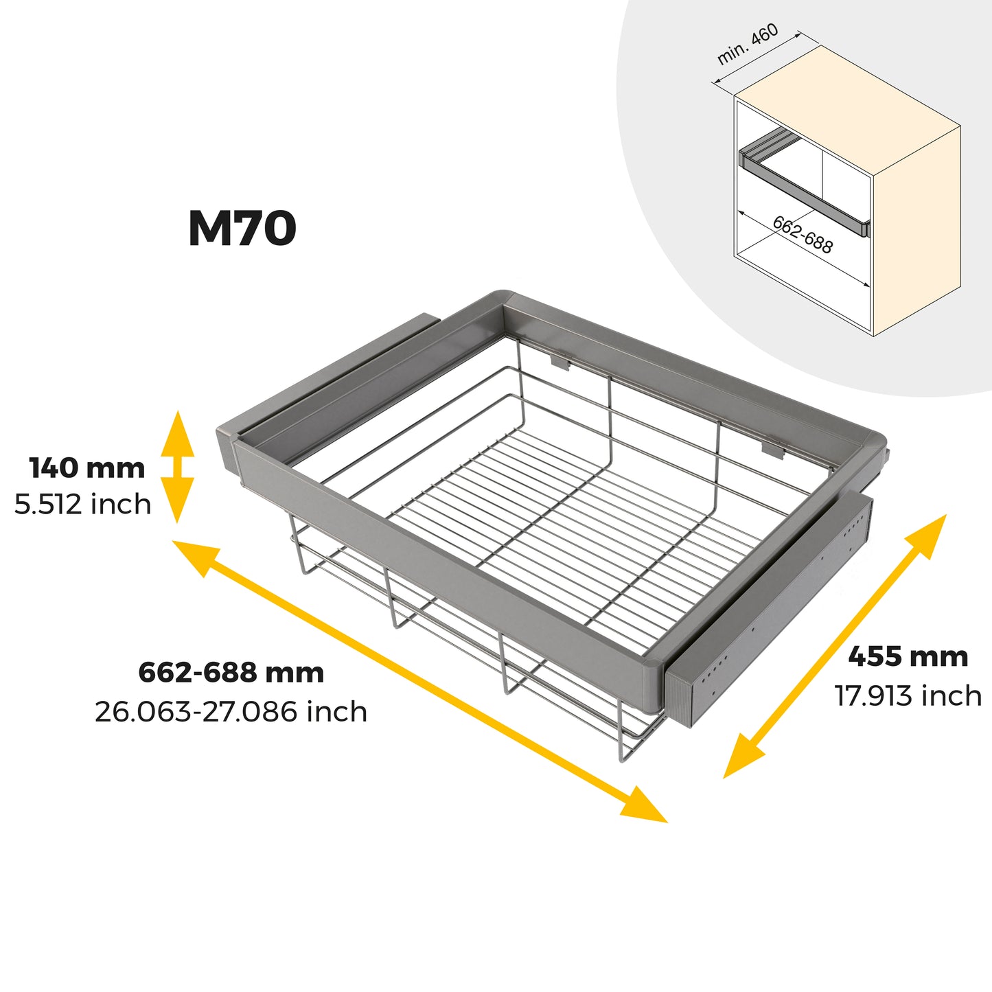 Emuca Kit cassetto in filo metallico e telaio regolabile Quartz per armadi, chiusura ammortizzata e estrazione totale, modulo da 70 cm, finitura titanio