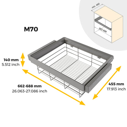 Emuca Kit cassetto in filo metallico e telaio regolabile Quartz per armadi, chiusura ammortizzata e estrazione totale, modulo da 70 cm, finitura titanio