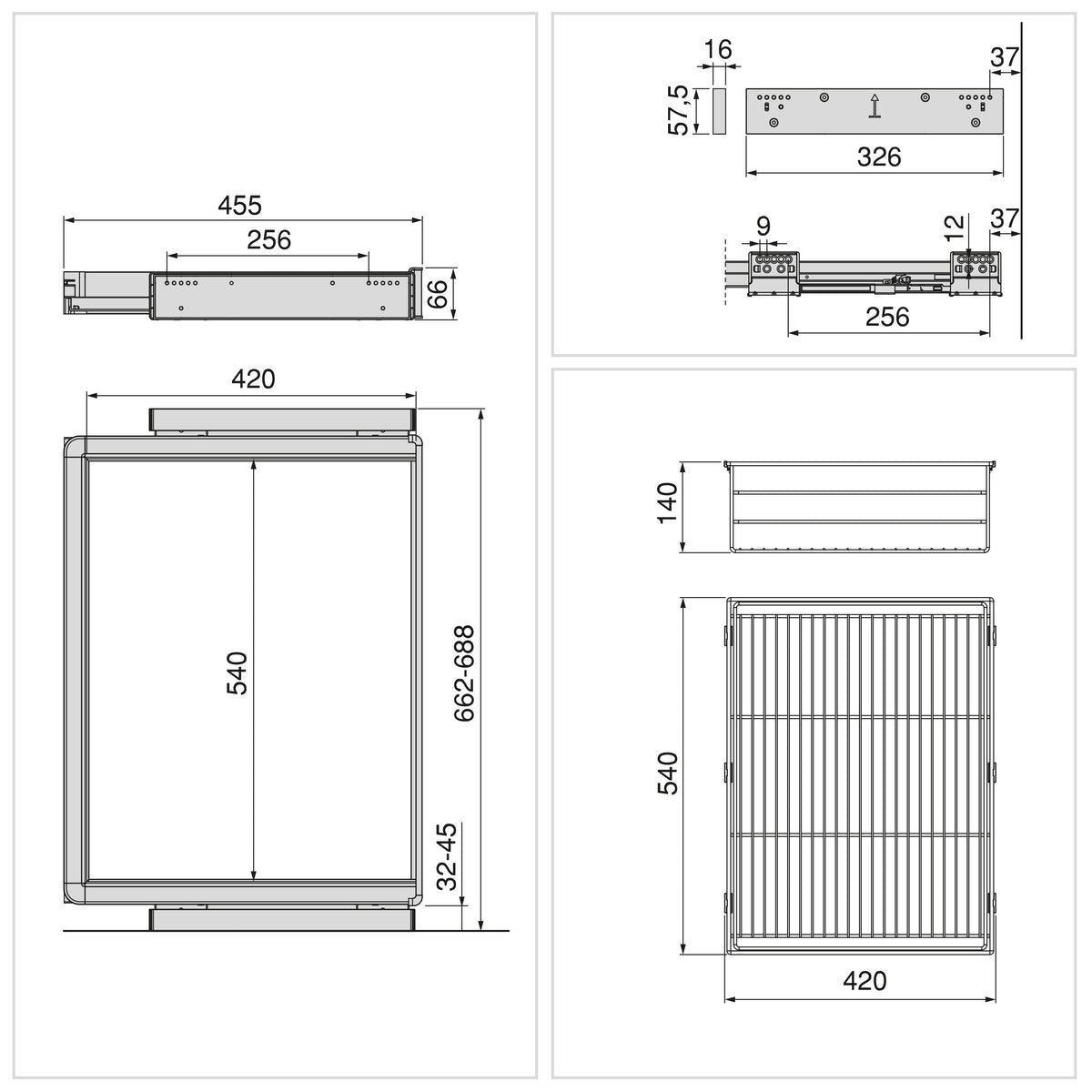 Kit cassetto in filo metallico e telaio regolabile Quartz per armadi, chiusura ammortizzata e estrazione totale