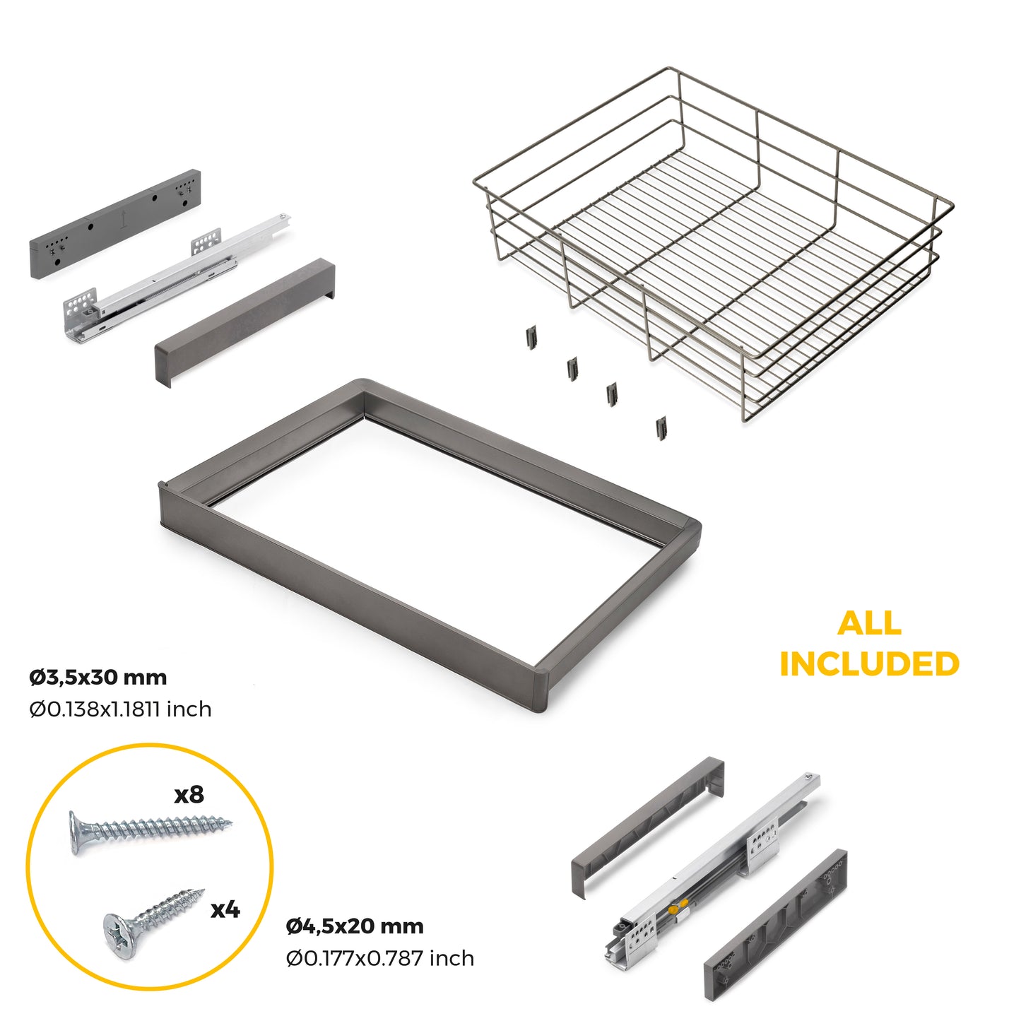 Emuca Kit cassetto in filo metallico e telaio regolabile Quartz per armadi, chiusura ammortizzata e estrazione totale, modulo da 70 cm, finitura titanio