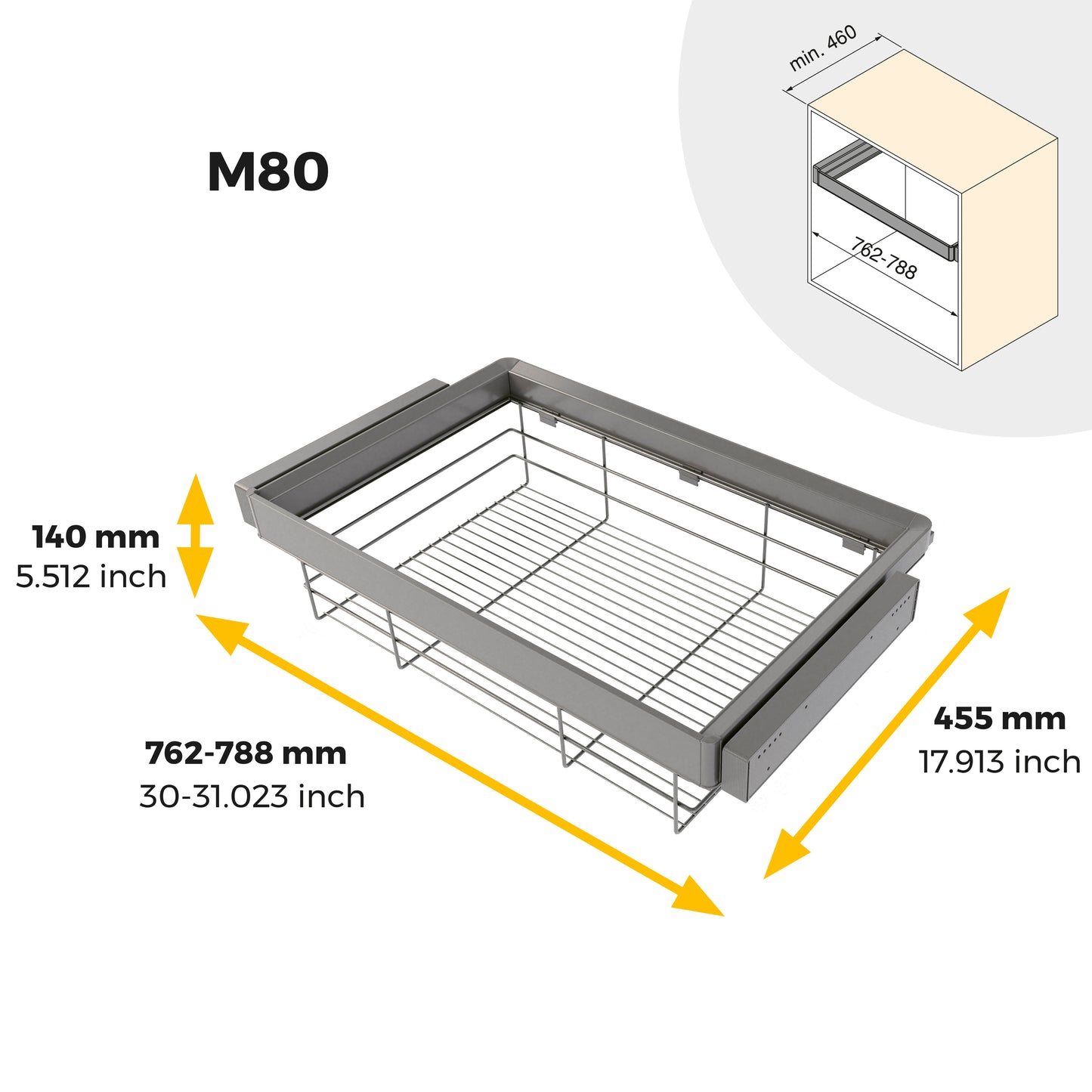 Emuca Kit cassetto in filo metallico e telaio regolabile Quartz per armadi, chiusura ammortizzata e estrazione totale, modulo da 80 cm, finitura titanio