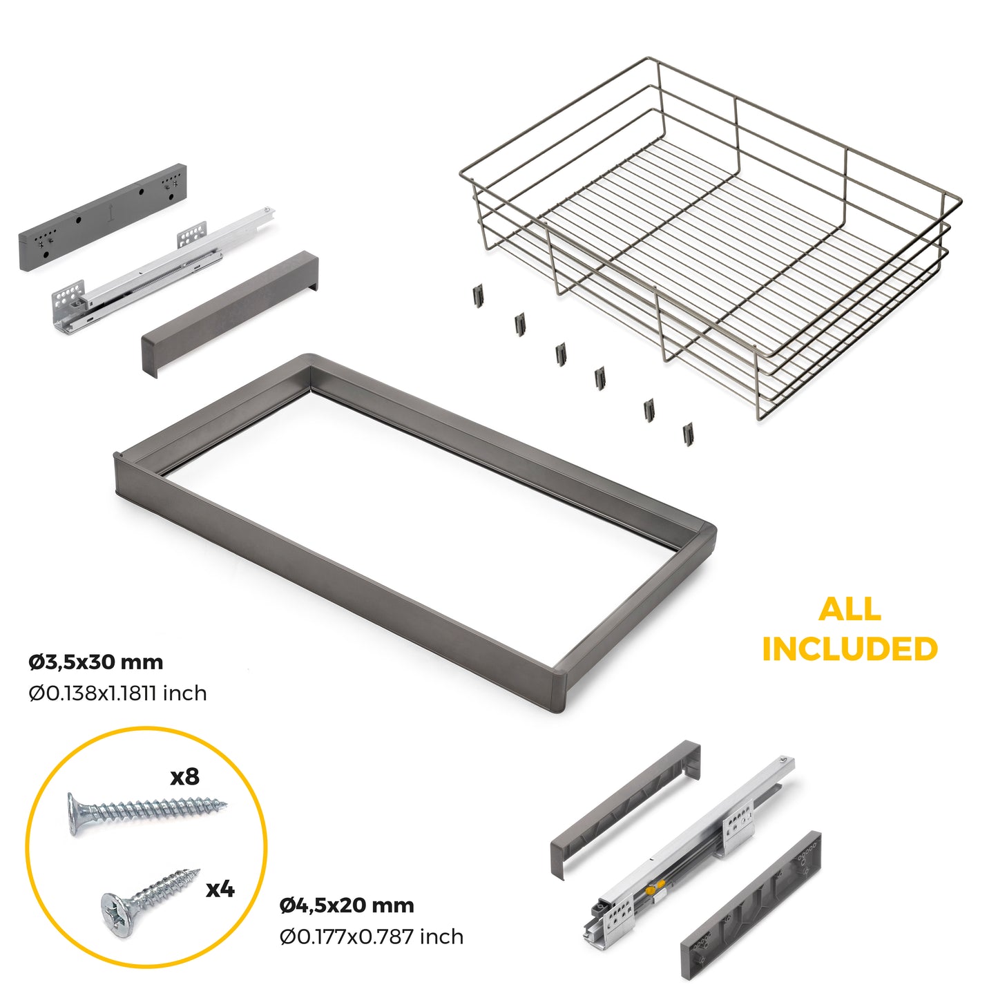 Emuca Kit cassetto in filo metallico e telaio regolabile Quartz per armadi, chiusura ammortizzata e estrazione totale, modulo da 80 cm, finitura titanio