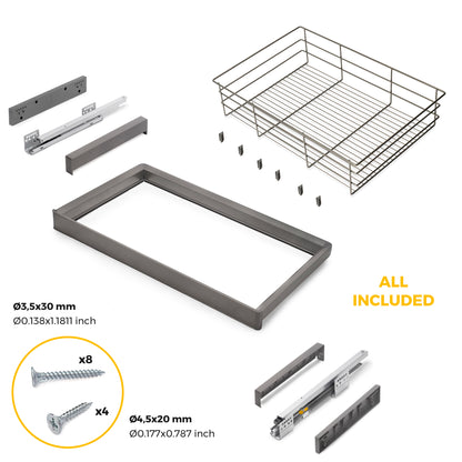 Kit cassetto in filo metallico e telaio regolabile Quartz per armadi, chiusura ammortizzata e estrazione totale