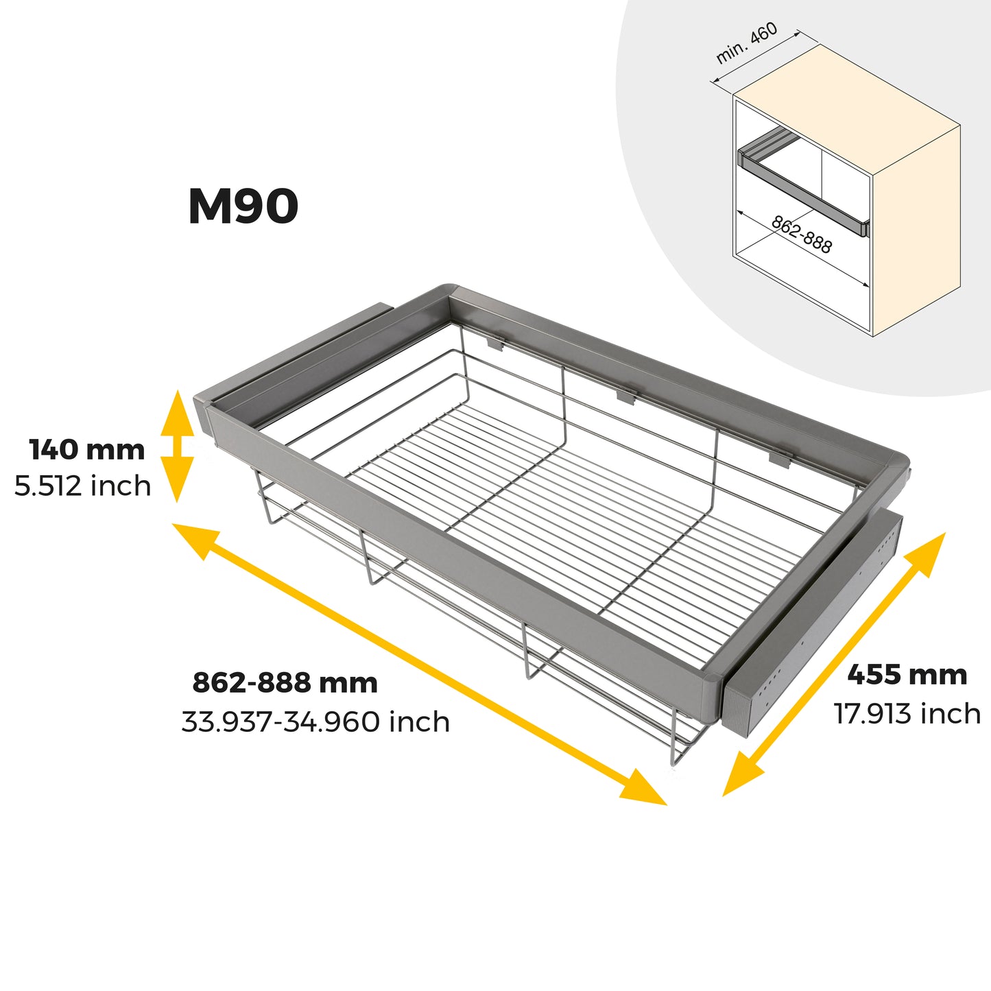Emuca Kit cassetto in filo metallico e telaio regolabile Quartz per armadi, chiusura ammortizzata e estrazione totale, modulo da 90 cm, finitura titanio