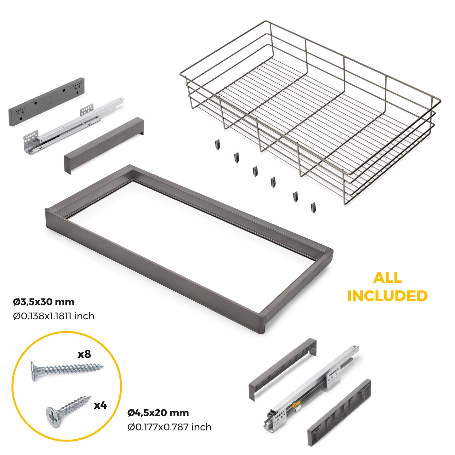 Emuca Kit cassetto in filo metallico e telaio regolabile Quartz per armadi, chiusura ammortizzata e estrazione totale, modulo da 90 cm, finitura titanio