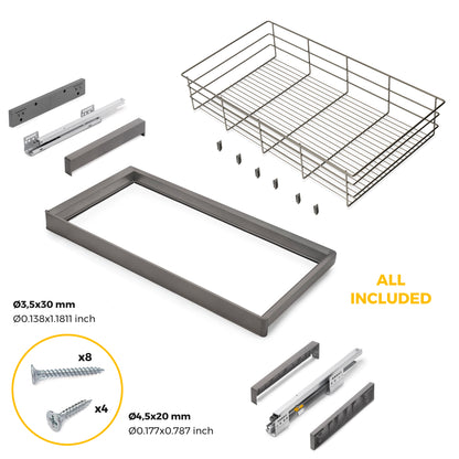 Kit cassetto in filo metallico e telaio regolabile Quartz per armadi, chiusura ammortizzata e estrazione totale