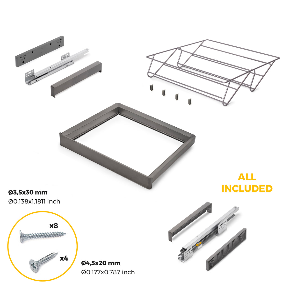 Kit  cassetto portascarpe e telaio regolabile Quartz per armadi, chiusura ammortizzata e estrazione totale