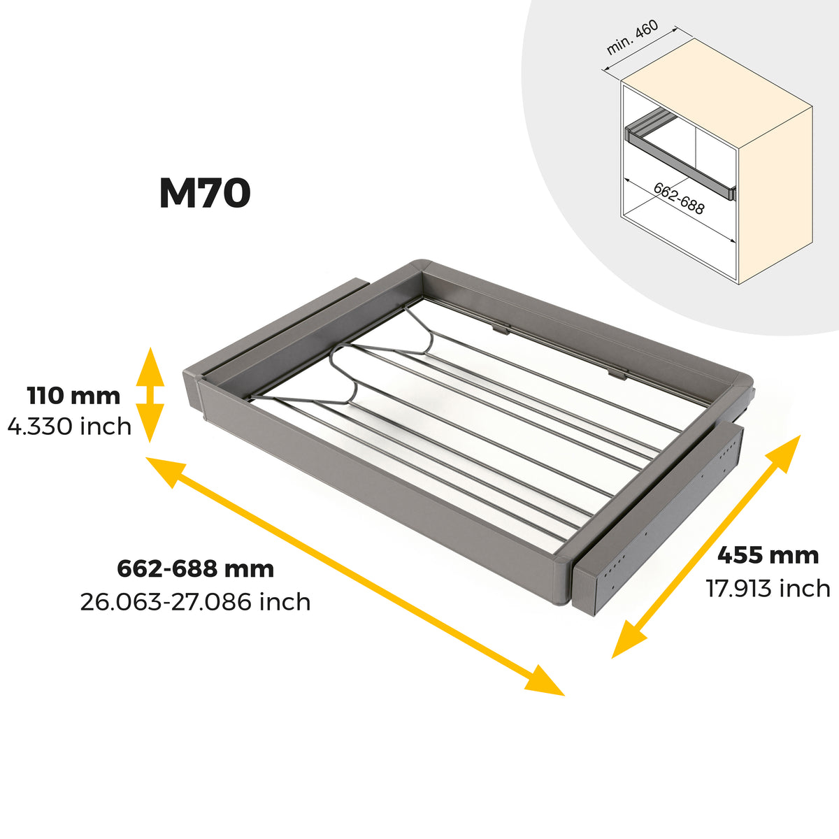 Kit  cassetto portascarpe e telaio regolabile Quartz per armadi, chiusura ammortizzata e estrazione totale