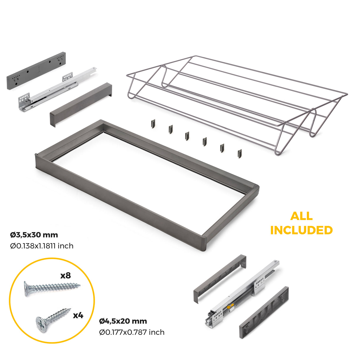 Kit  cassetto portascarpe e telaio regolabile Quartz per armadi, chiusura ammortizzata e estrazione totale