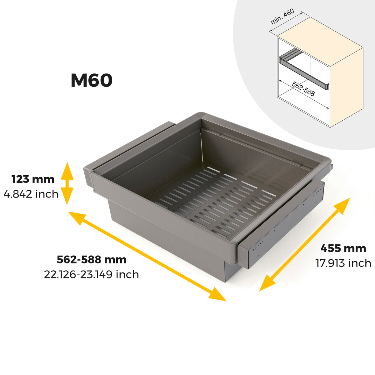 Kit  cassetto metallico e telaio regolabile Quartz per armadi, chiusura ammortizzata e estrazione totale