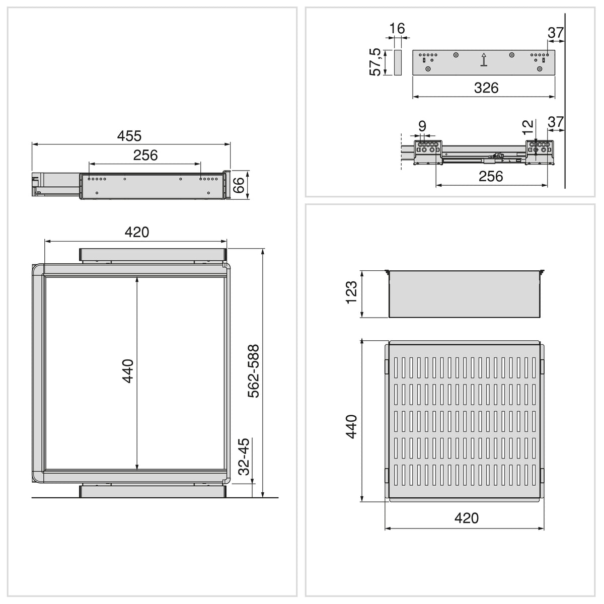 Kit  cassetto metallico e telaio regolabile Quartz per armadi, chiusura ammortizzata e estrazione totale