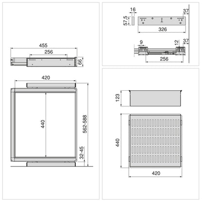 Kit  cassetto metallico e telaio regolabile Quartz per armadi, chiusura ammortizzata e estrazione totale