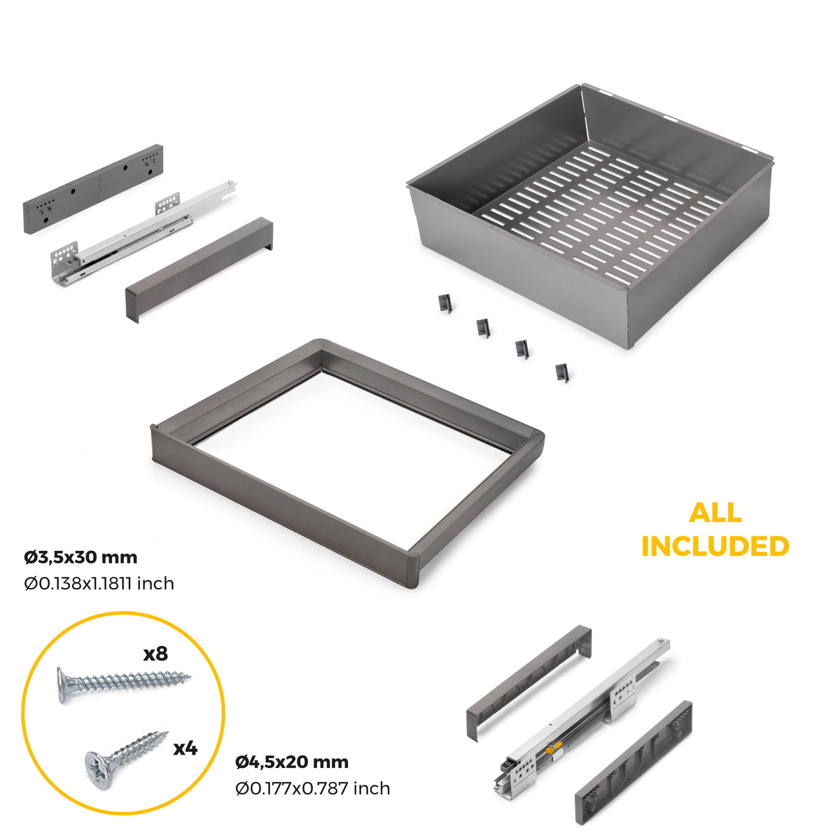 Kit  cassetto metallico e telaio regolabile Quartz per armadi, chiusura ammortizzata e estrazione totale