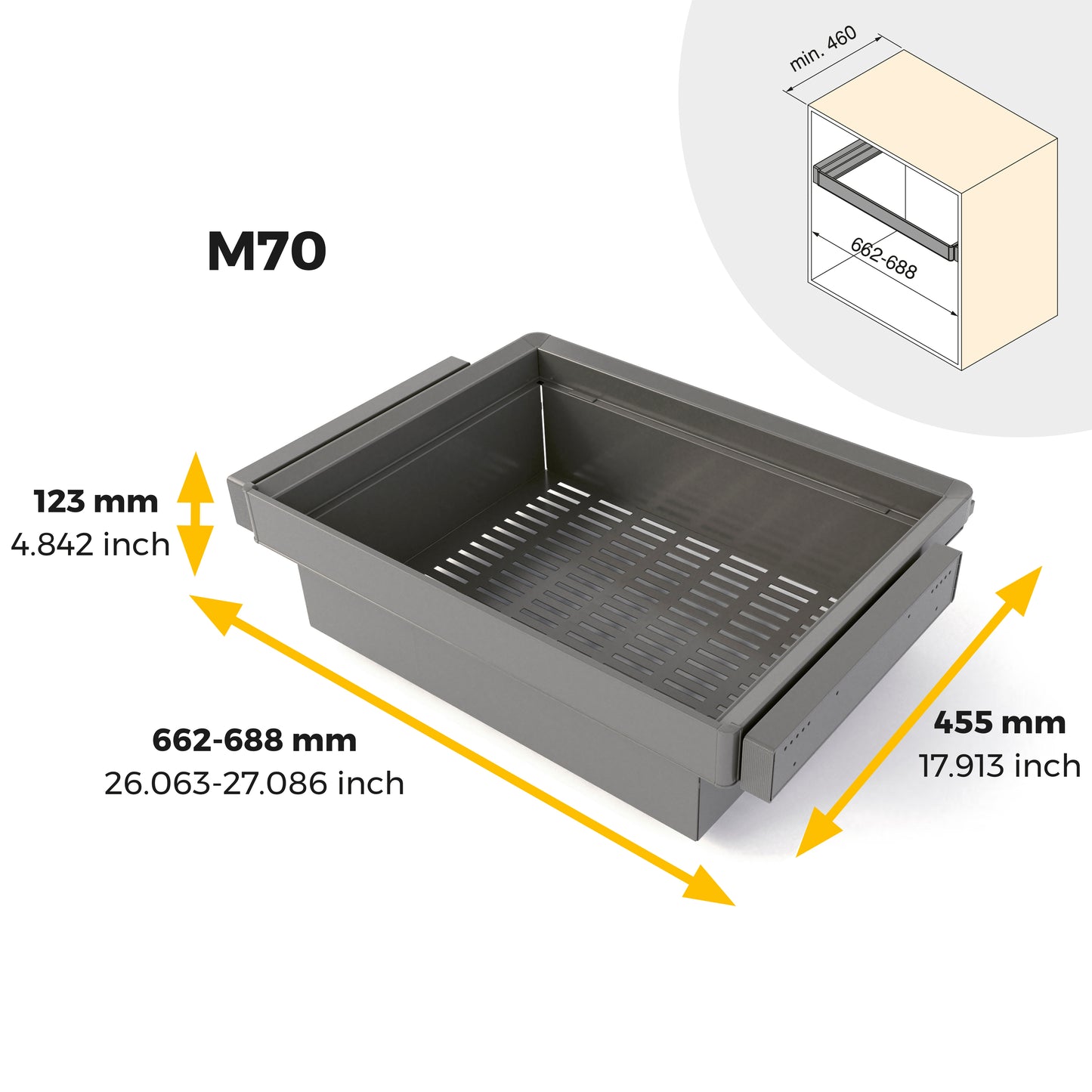Emuca Kit  cassetto metallico e telaio regolabile Quartz per armadi, chiusura ammortizzata e estrazione totale, modulo 70 cm, finitura Titanio