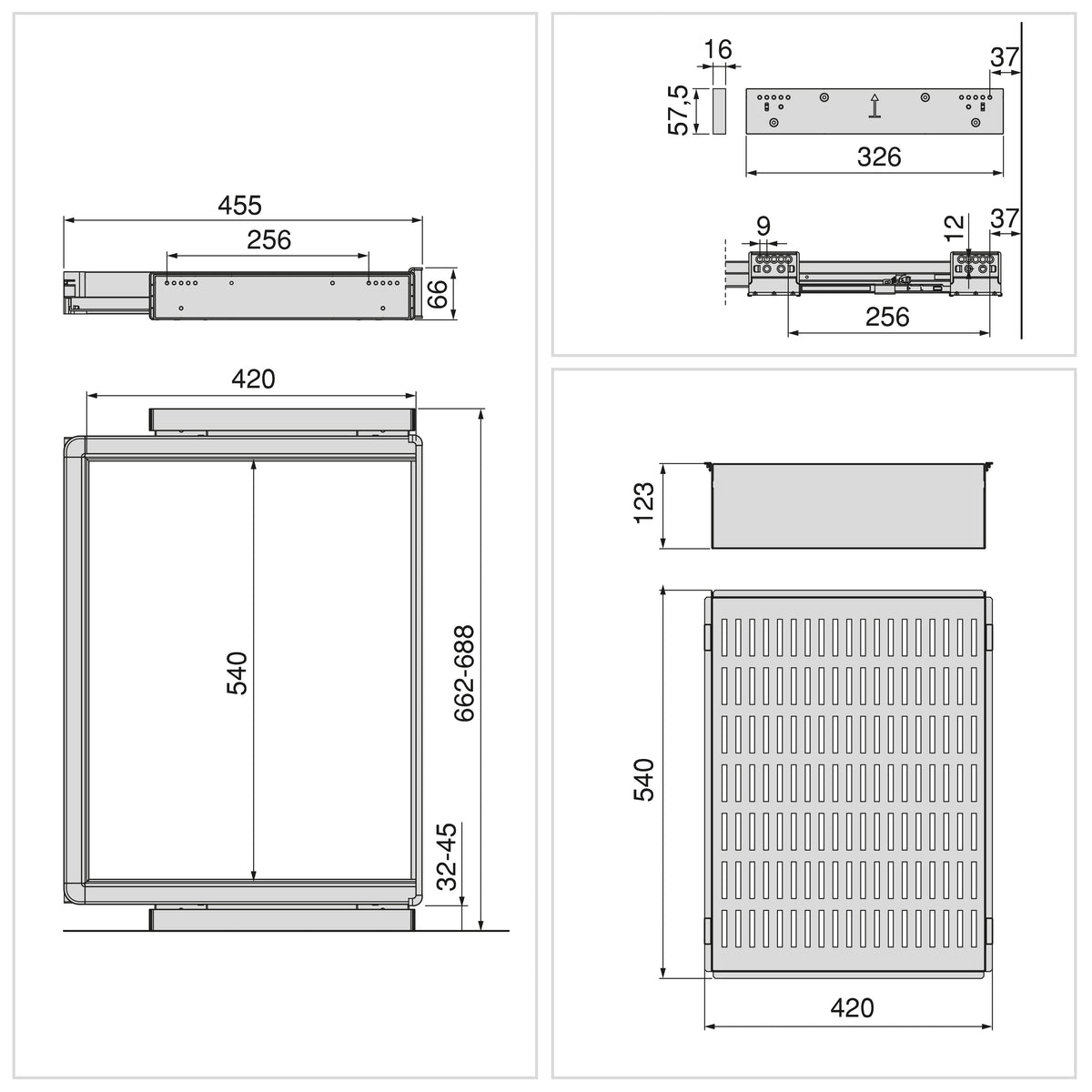 Kit  cassetto metallico e telaio regolabile Quartz per armadi, chiusura ammortizzata e estrazione totale