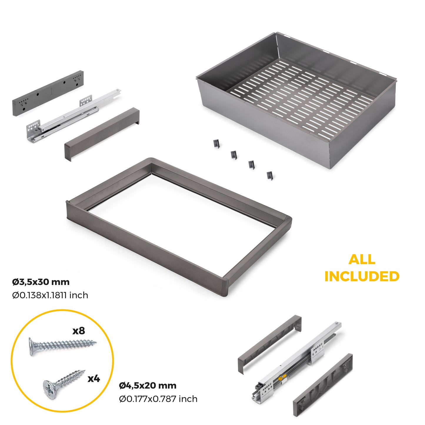 Emuca Kit  cassetto metallico e telaio regolabile Quartz per armadi, chiusura ammortizzata e estrazione totale, modulo 70 cm, finitura Titanio
