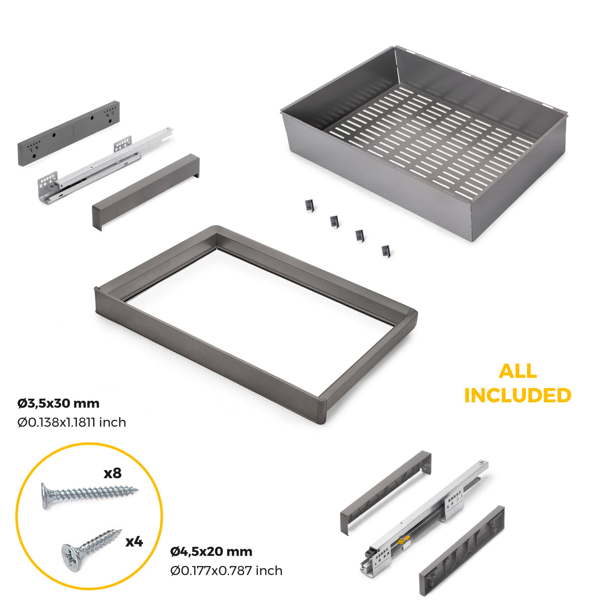 Kit  cassetto metallico e telaio regolabile Quartz per armadi, chiusura ammortizzata e estrazione totale